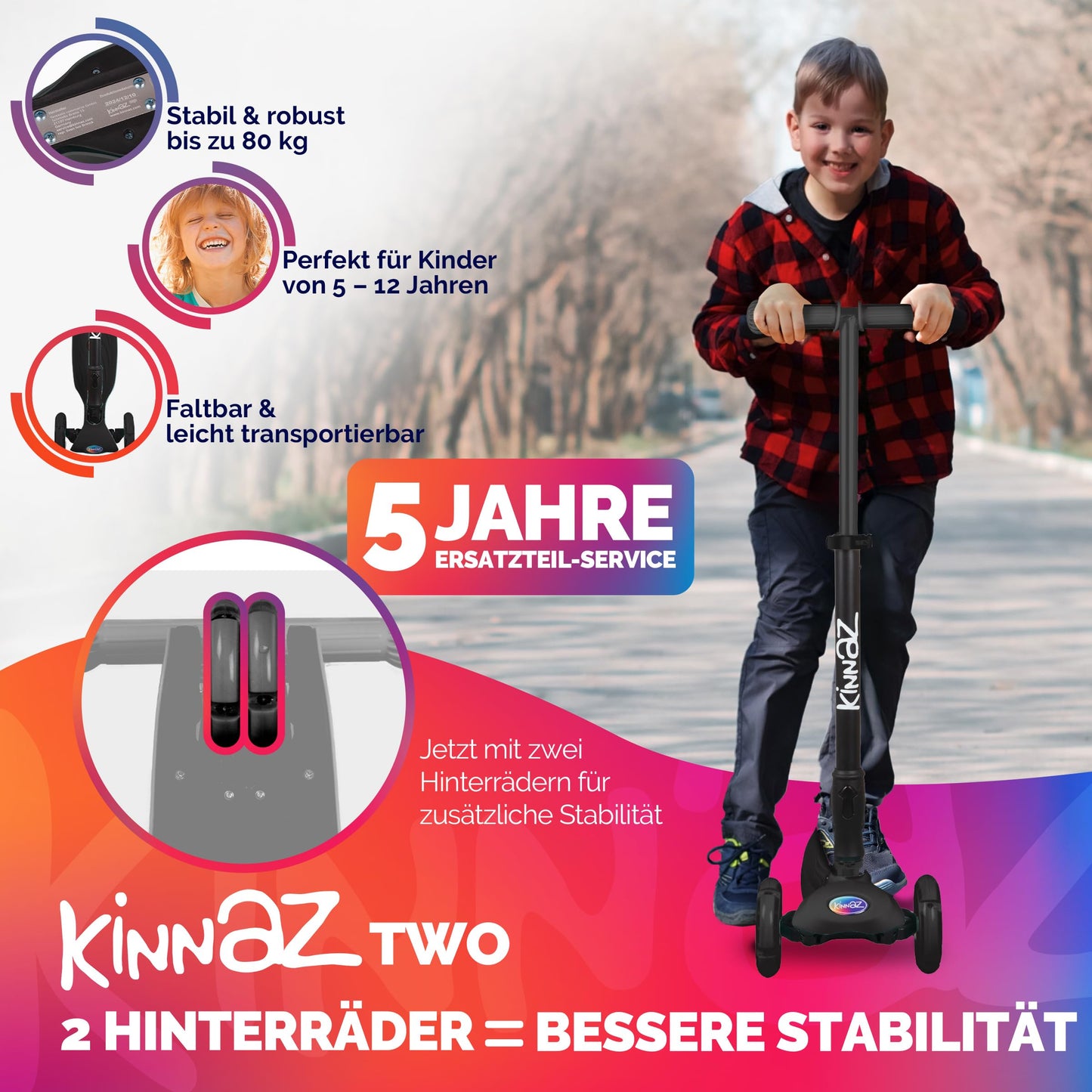 kinnaz Two, Schwarz Blackline, ab 5 - 12 Jahre, faltbar, einstellbar, LED Räder