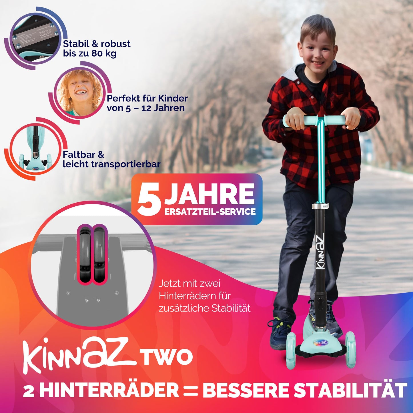 kinnaz Two, Mint, ab 5 - 12 Jahre, faltbar, einstellbar, LED Räder