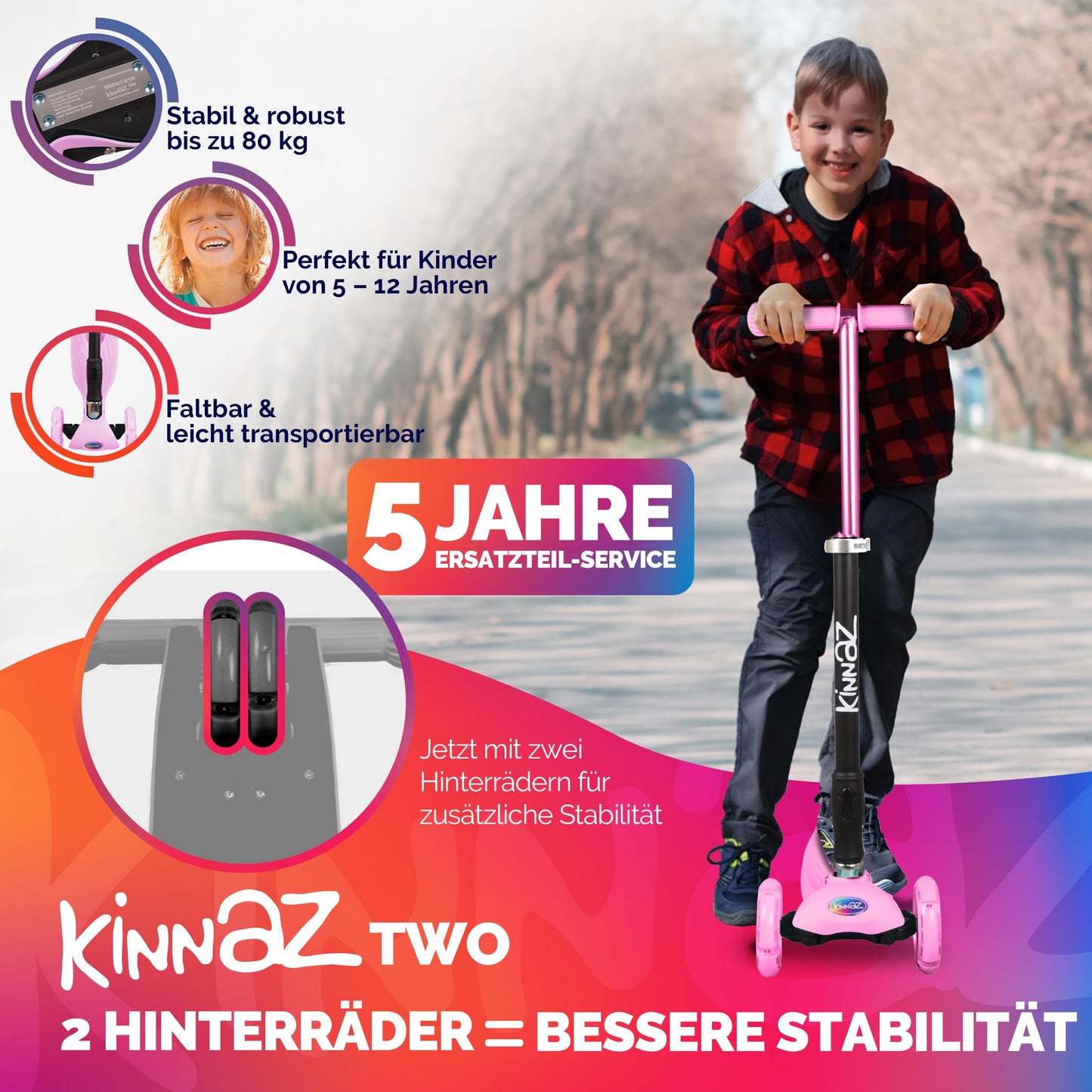 kinnaz Two, pink, ab 5 - 12 Jahre, faltbar, einstellbar, LED Räder