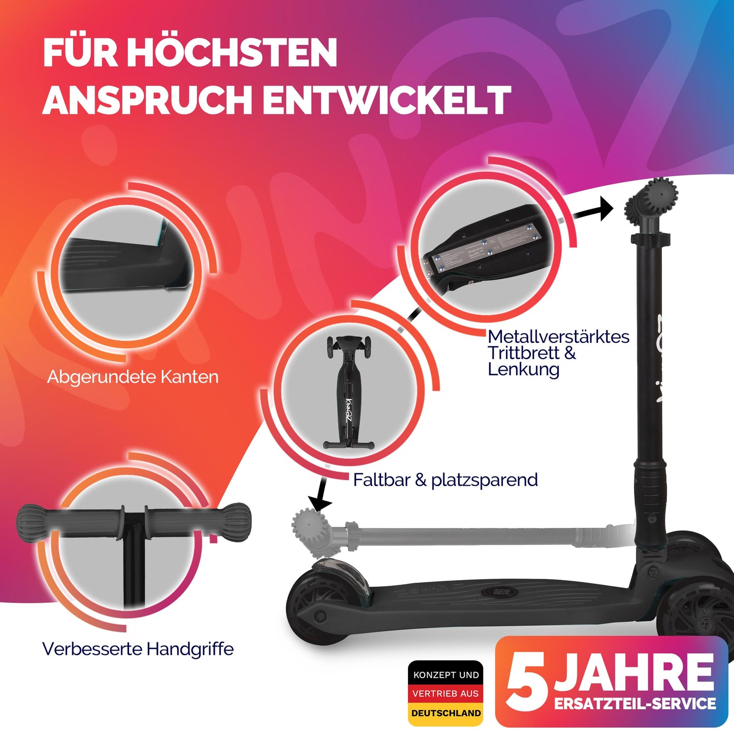 kinnaz Two, Schwarz Blackline, ab 5 - 12 Jahre, faltbar, einstellbar, LED Räder