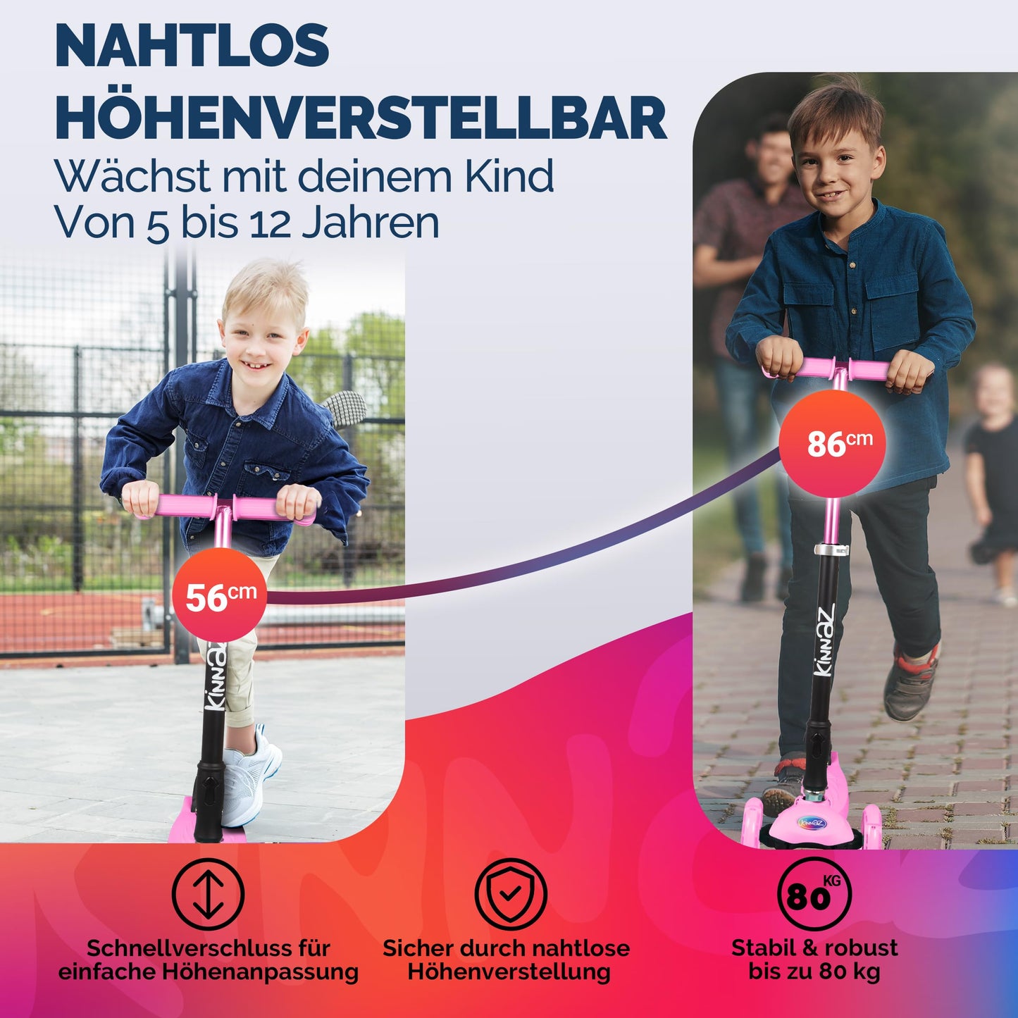 kinnaz Two, pink, ab 5 - 12 Jahre, faltbar, einstellbar, LED Räder