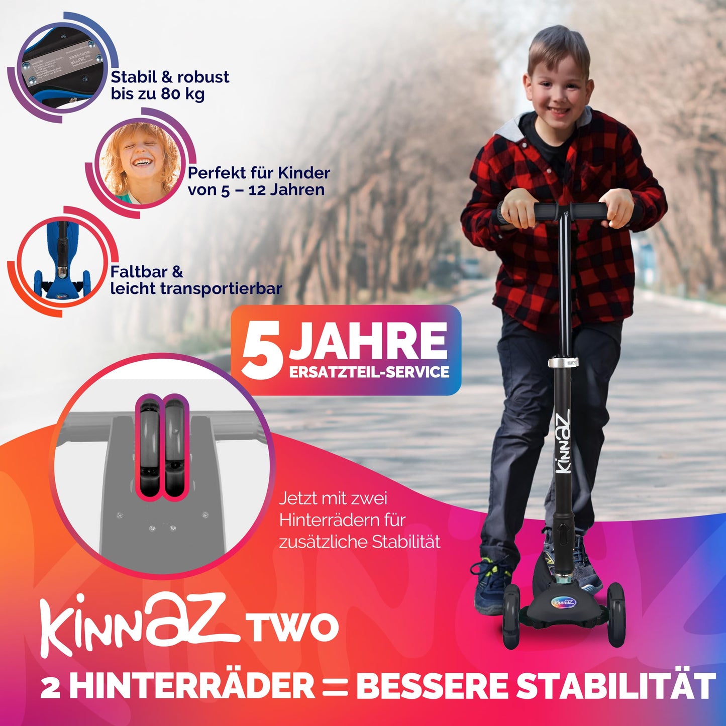 kinnaz Two, Schwarz, ab 5 - 12 Jahre, faltbar, einstellbar, LED Räder