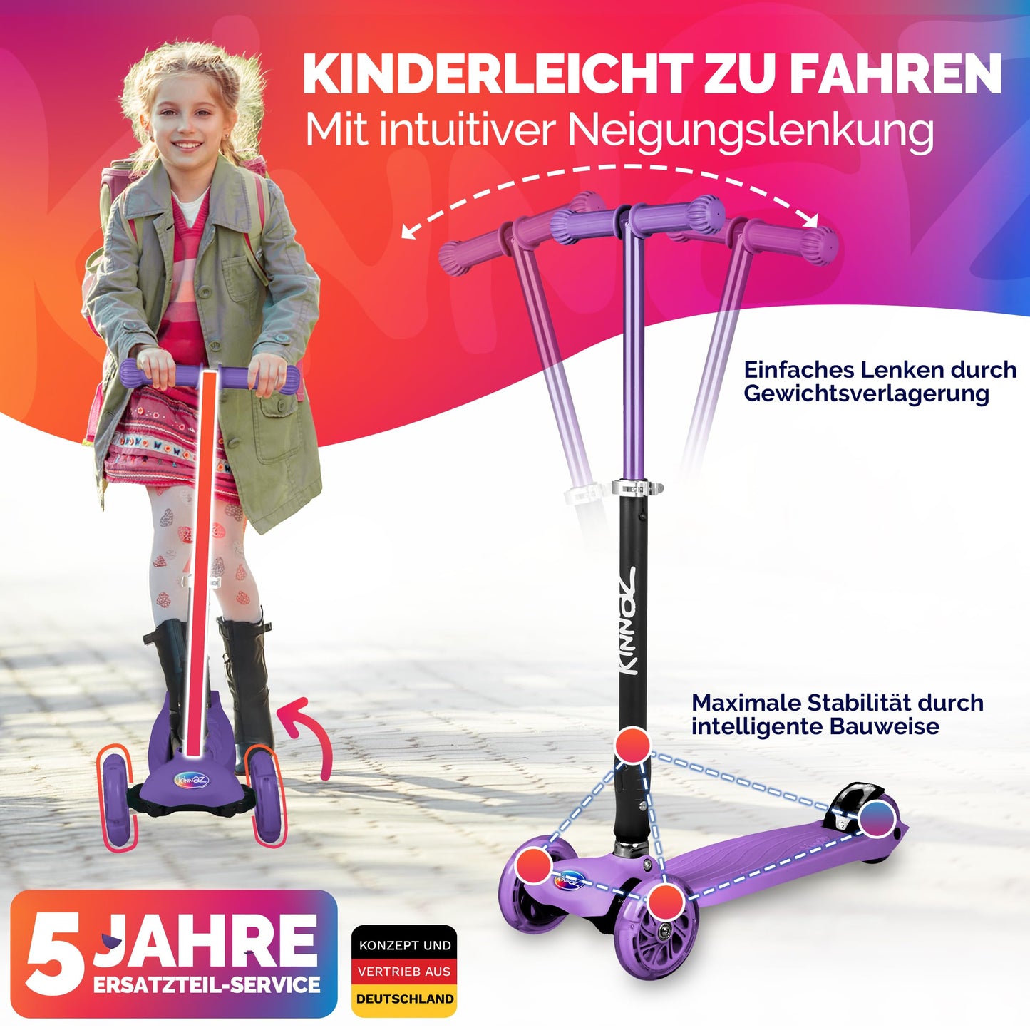 kinnaz Two, Lila, ab 5 - 12 Jahre, faltbar, einstellbar, LED Räder