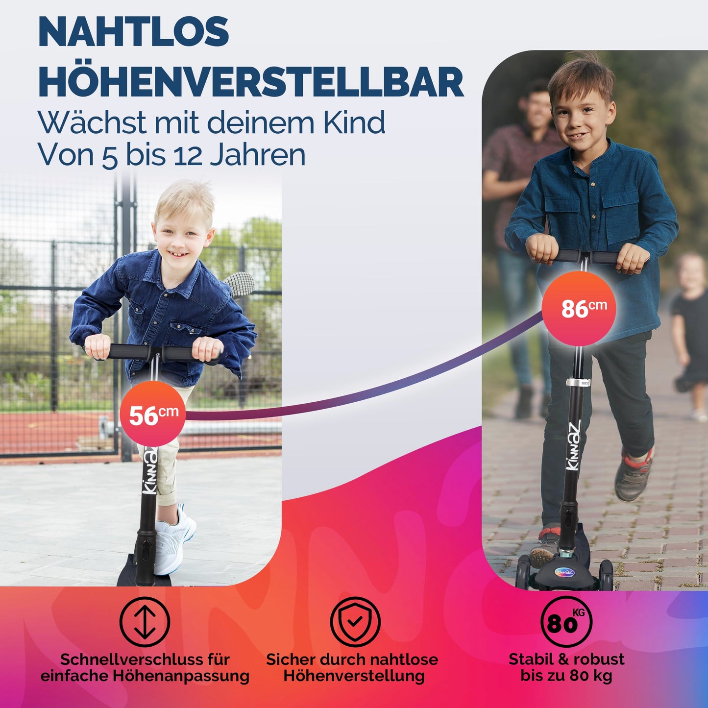 kinnaz Two, Schwarz, ab 5 - 12 Jahre, faltbar, einstellbar, LED Räder