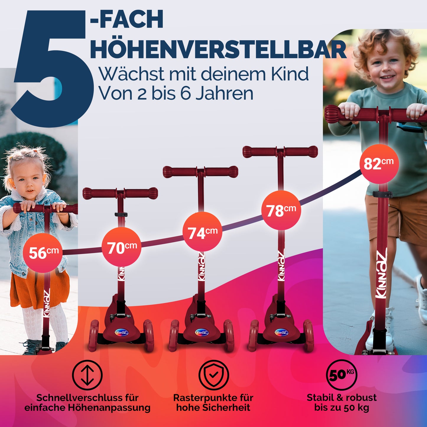 kinnaz ONE, 2 - 6 Jahre, Bordeaux mit schwarzen Applikationen, LED Räder