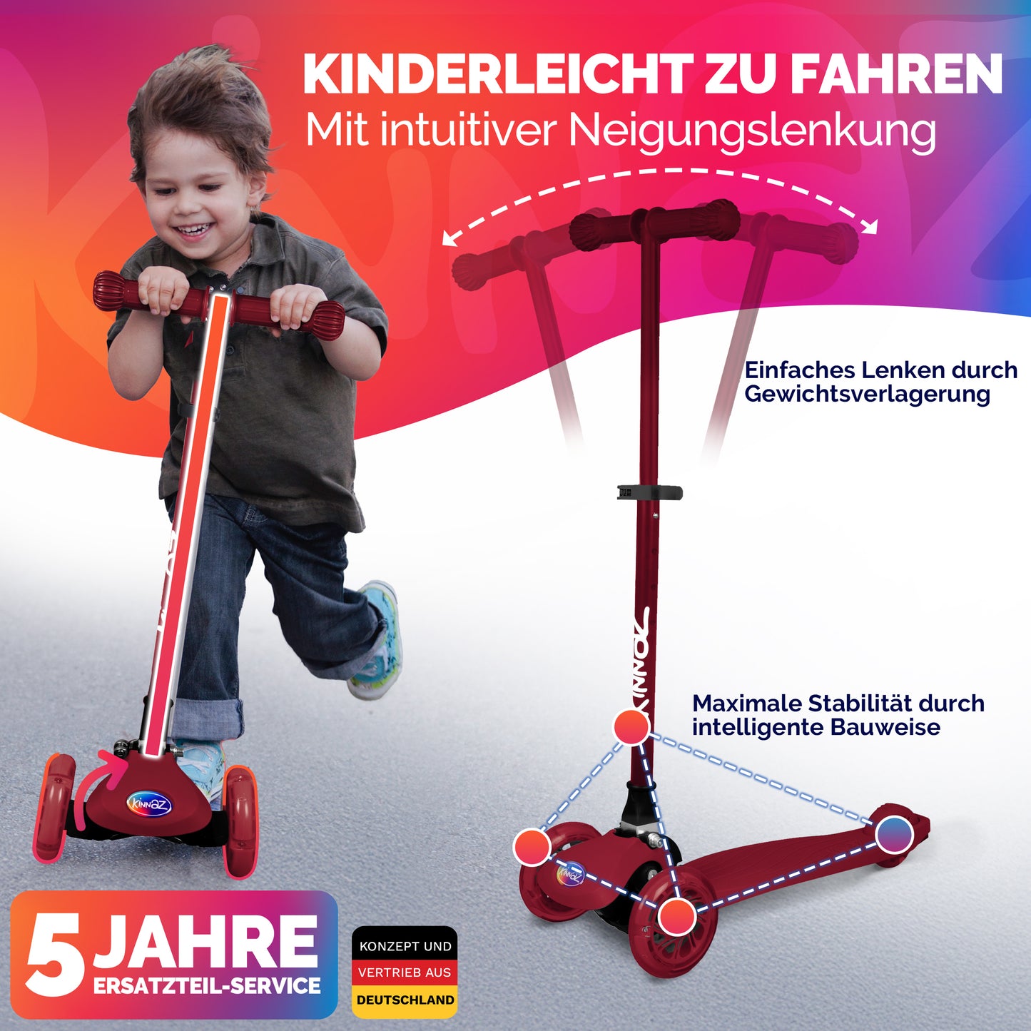 kinnaz ONE, 2 - 6 Jahre, Bordeaux mit schwarzen Applikationen, LED Räder