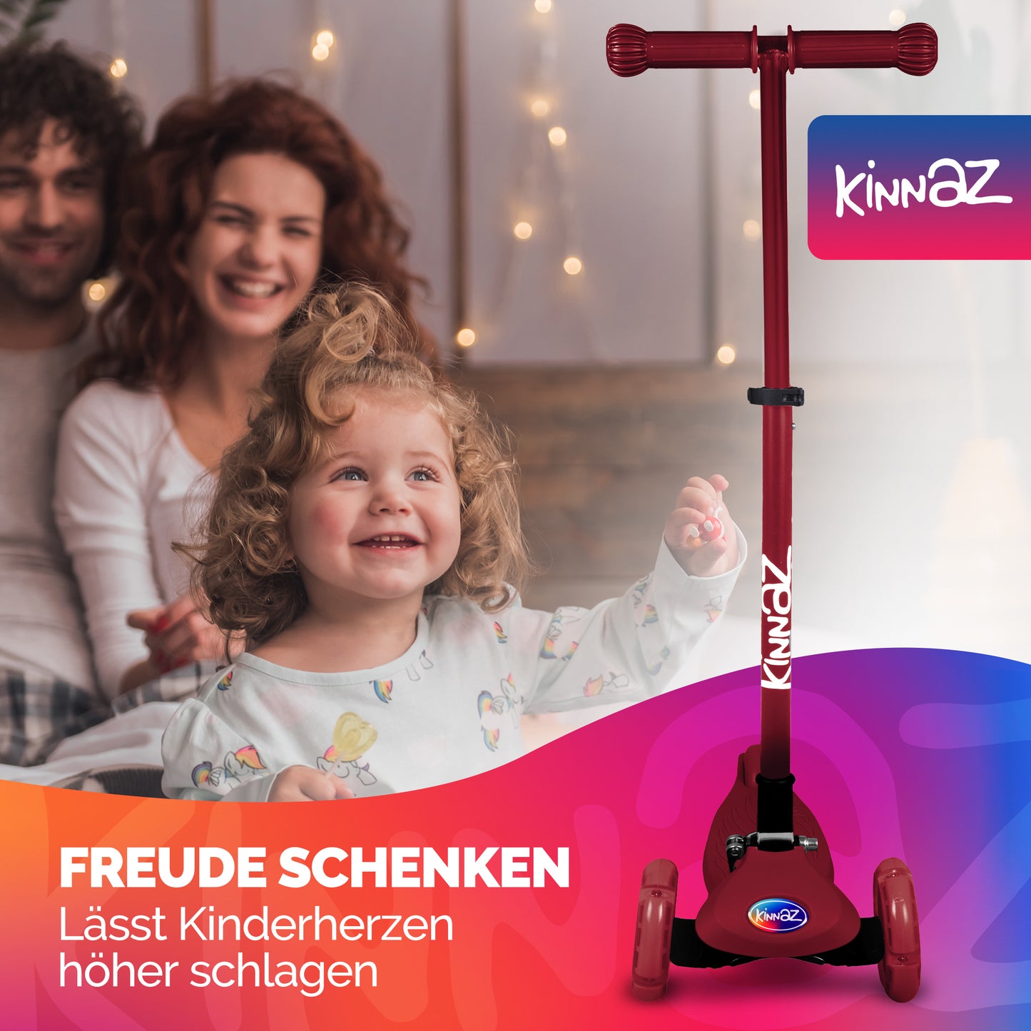 kinnaz ONE, 2 - 6 Jahre, Bordeaux mit schwarzen Applikationen, LED Räder