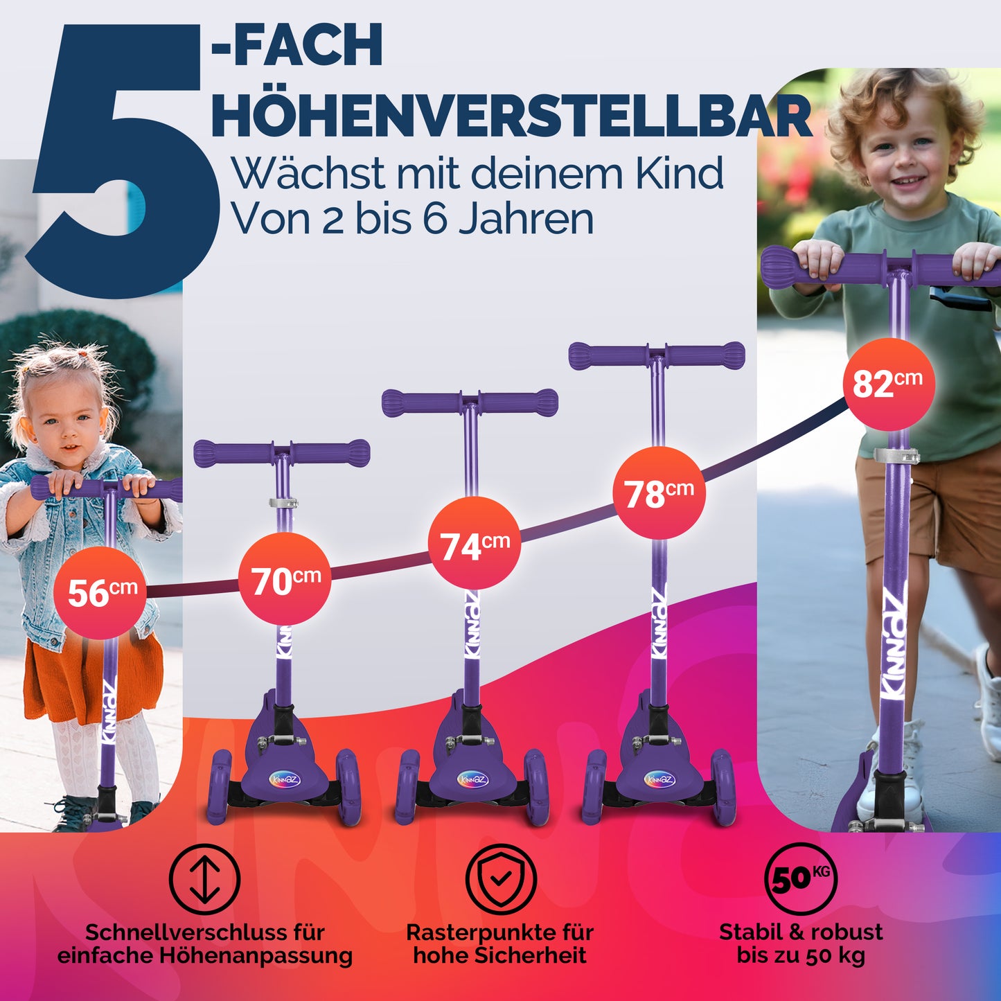 kinnaz ONE, 2 - 6 Jahre, Lila Deluxe, LED Räder