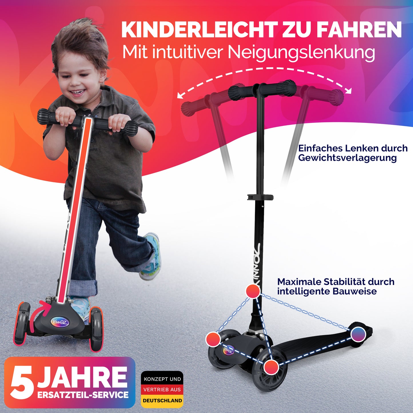 kinnaz ONE, 2 - 6 Jahre, Schwarz mit schwarzen Applikationen, LED Räder