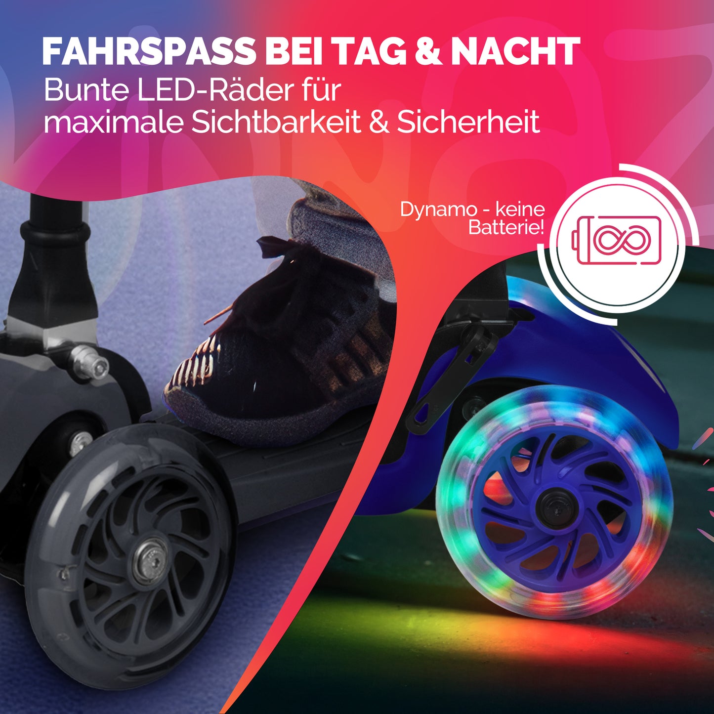 kinnaz ONE, 2 - 6 Jahre, Schwarz mit schwarzen Applikationen, LED Räder