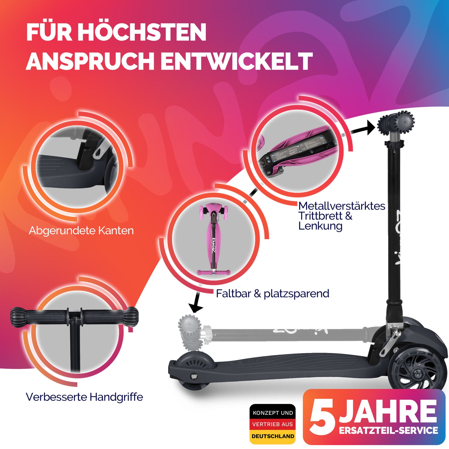 kinnaz ONE, 2 - 6 Jahre, Schwarz mit schwarzen Applikationen, LED Räder