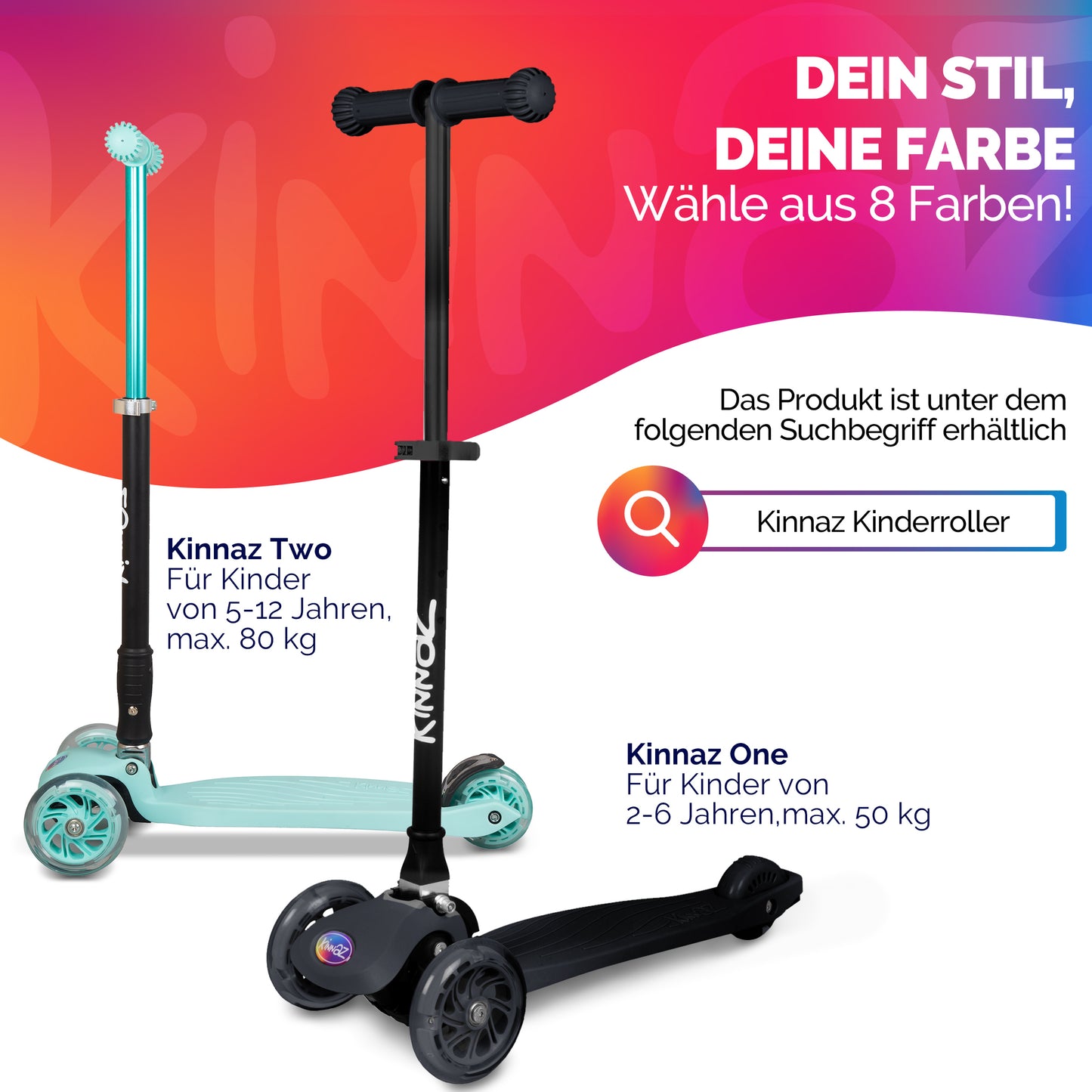 kinnaz ONE, 2 - 6 Jahre, Schwarz mit schwarzen Applikationen, LED Räder