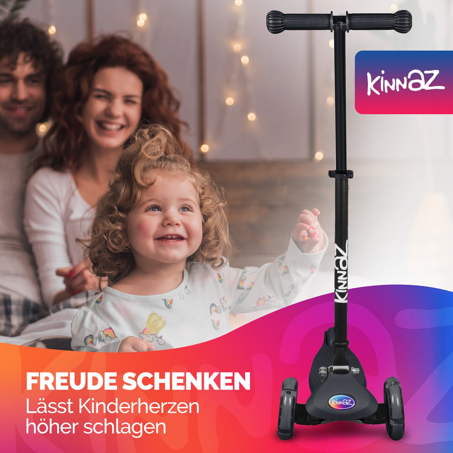 kinnaz ONE, 2 - 6 Jahre, Schwarz mit schwarzen Applikationen, LED Räder