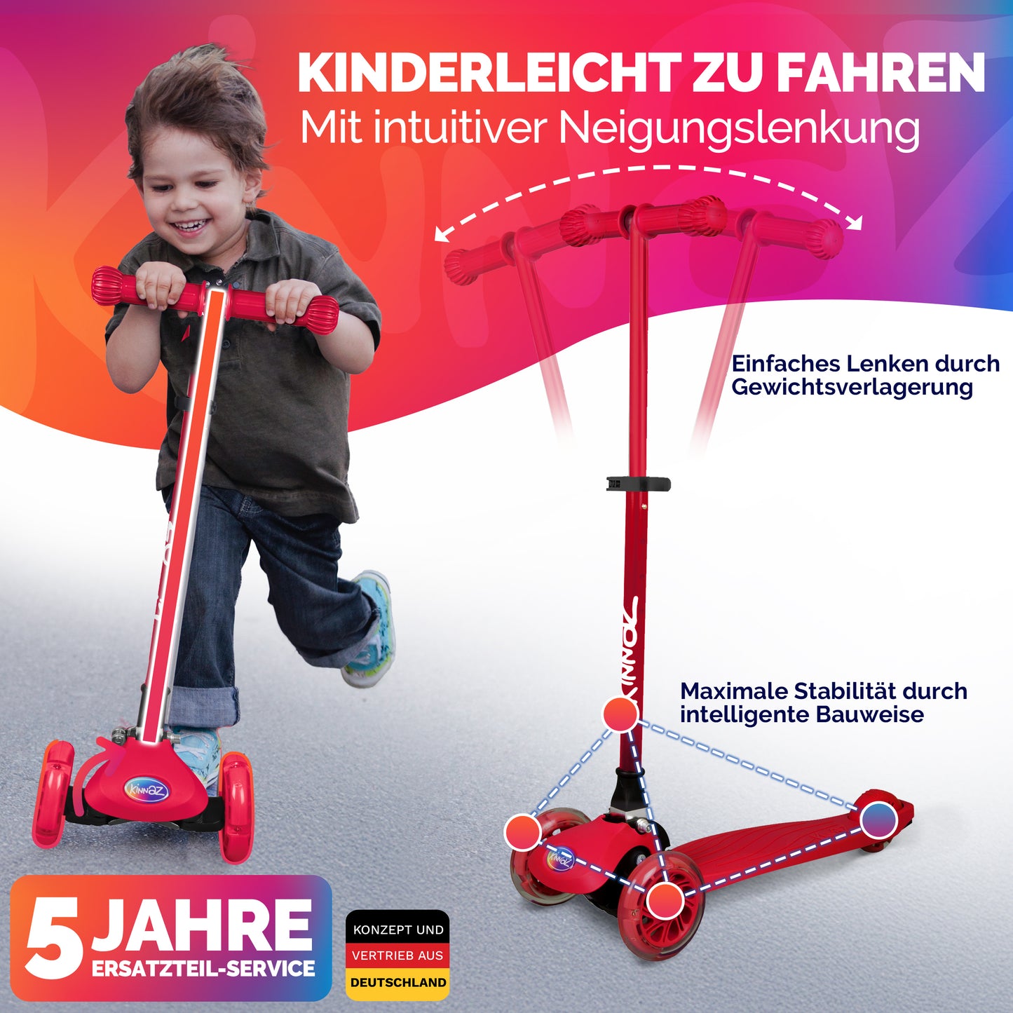 kinnaz ONE, 2 - 6 Jahre, Rot mit schwarzen Applikationen, LED Räder