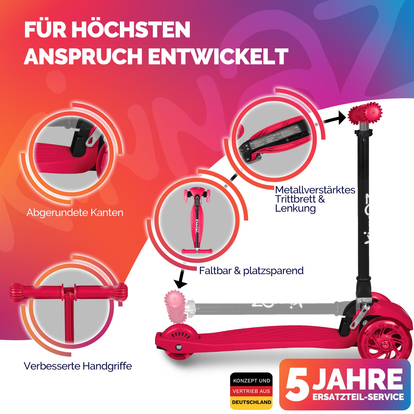 kinnaz ONE, 2 - 6 Jahre, Rot mit schwarzen Applikationen, LED Räder