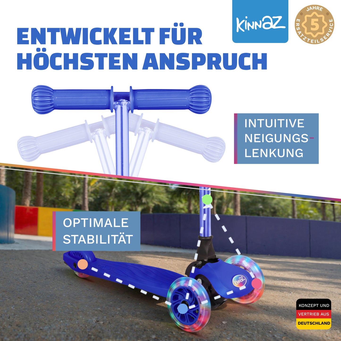 kinnaz ONE, 2 - 6 Jahre, Dunkelblau mit schwarzen Applikationen, LED Räder