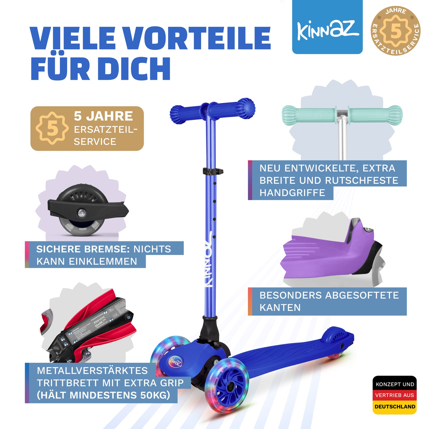 kinnaz ONE, 2 - 6 Jahre, Dunkelblau mit schwarzen Applikationen, LED Räder