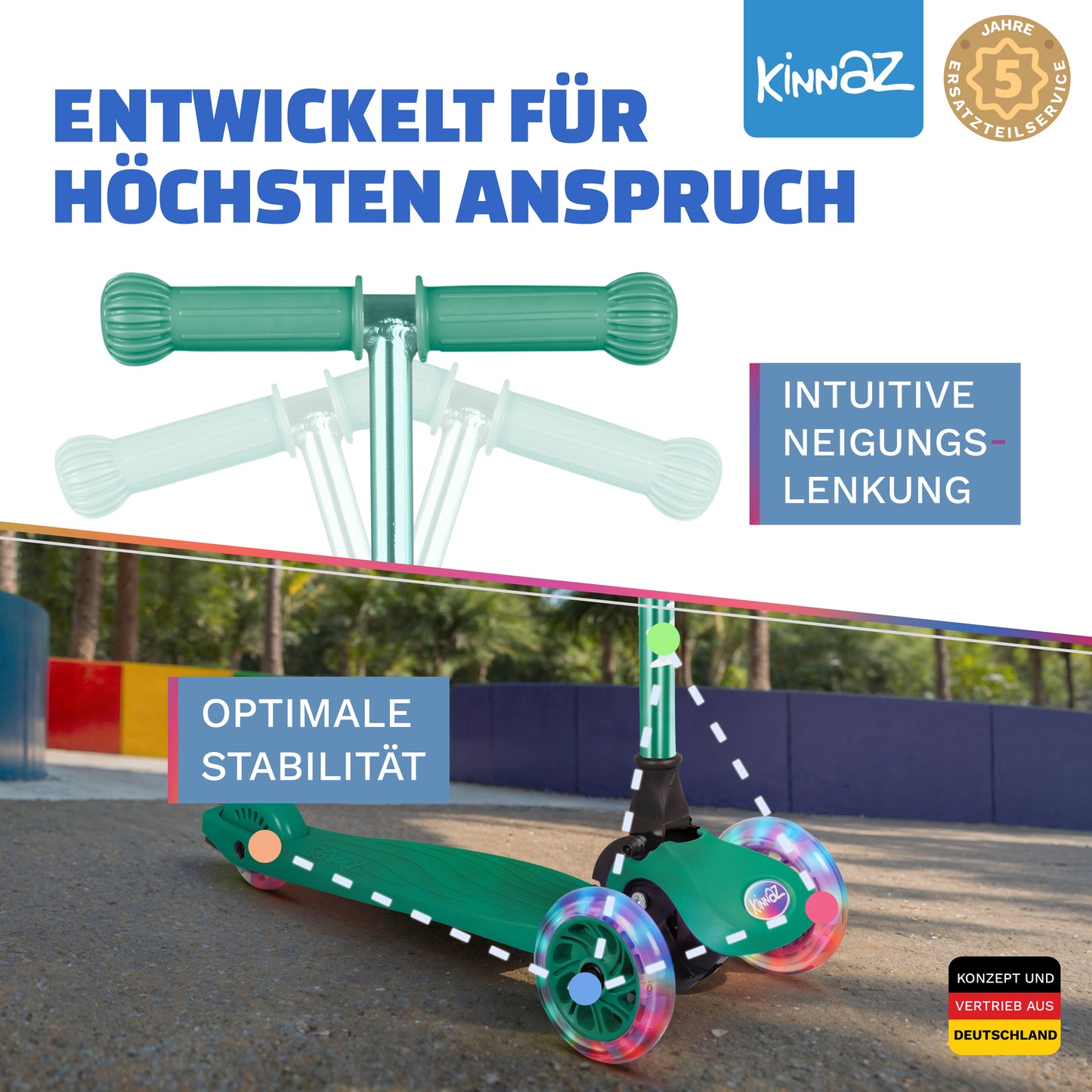 kinnaz ONE, 2 - 6 Jahre, Grün mit schwarzen Applikationen, LED Räder