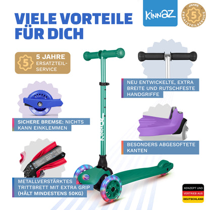 kinnaz ONE, 2 - 6 Jahre, Grün mit schwarzen Applikationen, LED Räder