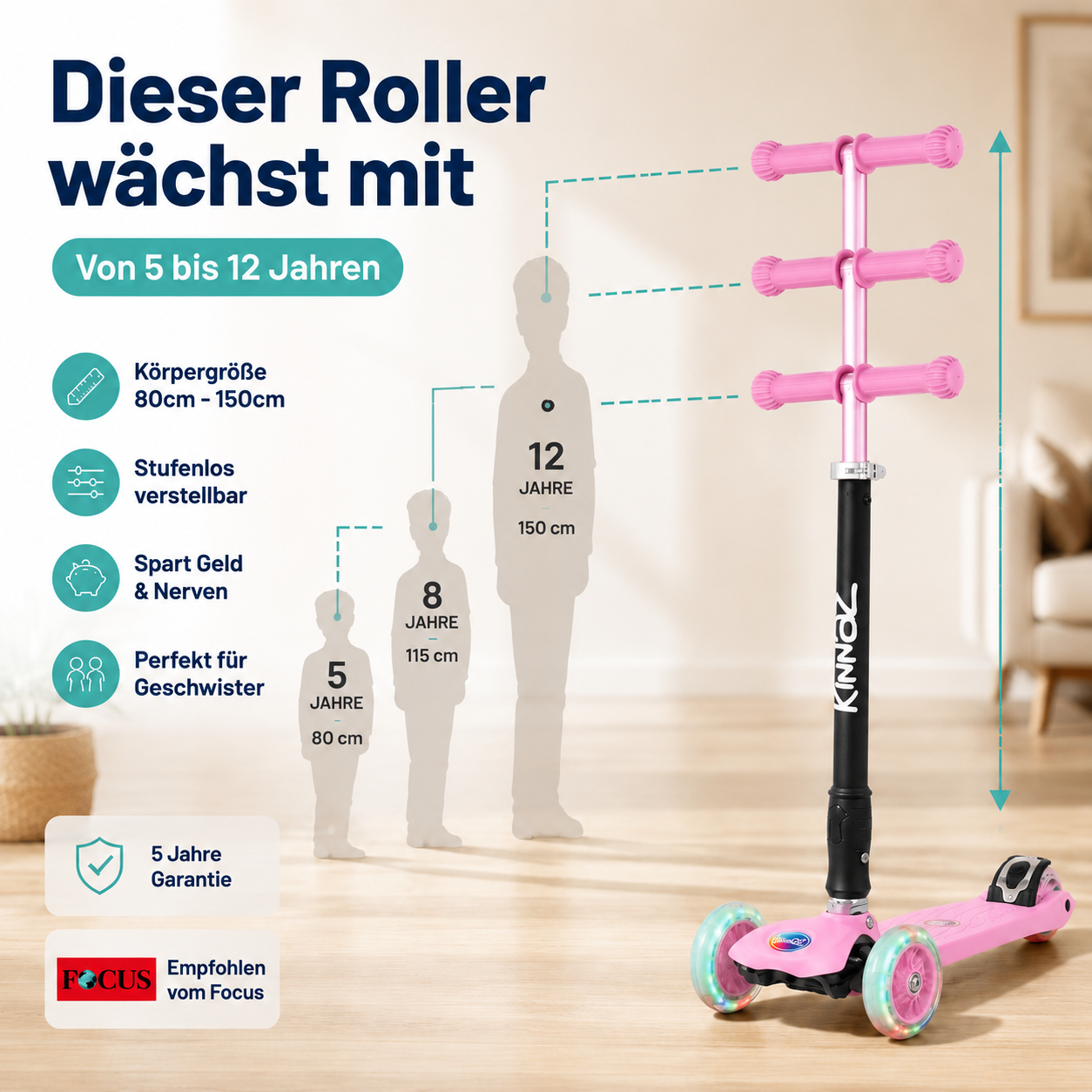 kinnaz Two, pink, ab 5 - 12 Jahre, faltbar, einstellbar, LED Räder