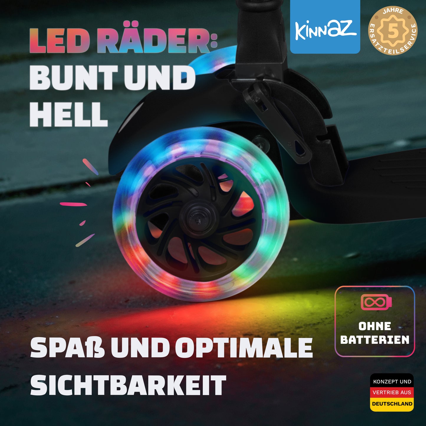 kinnaz ONE, 2 - 6 Jahre, Schwarz mit schwarzen Applikationen, LED Räder