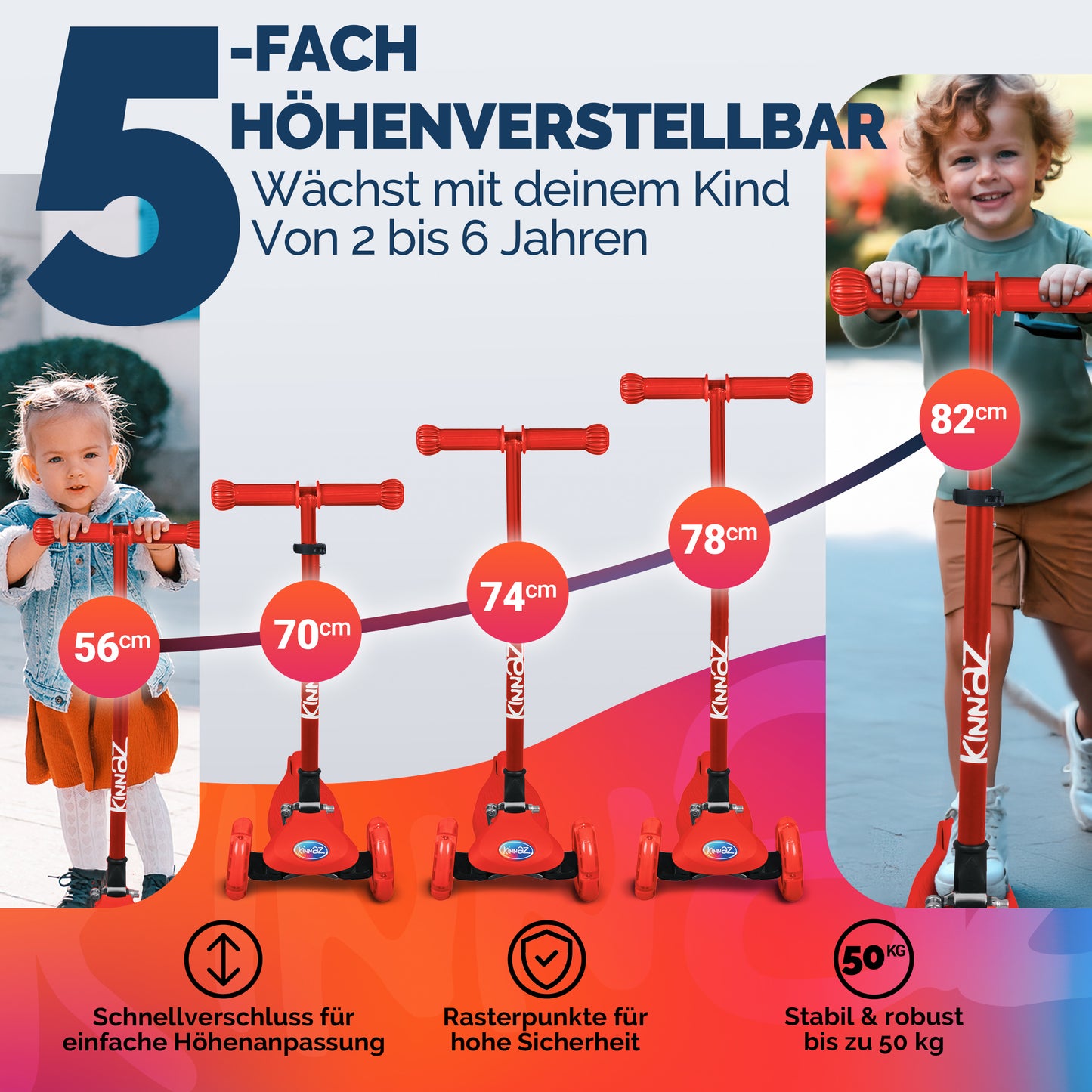 kinnaz ONE, 2 - 6 Jahre, Rot mit schwarzen Applikationen, LED Räder