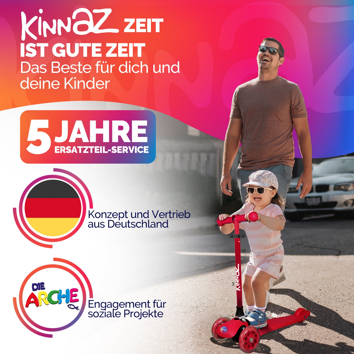 kinnaz ONE, 2 - 6 Jahre, Rot mit schwarzen Applikationen, LED Räder