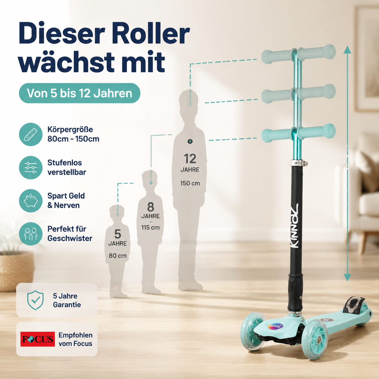 kinnaz Two, Mint, ab 5 - 12 Jahre, faltbar, einstellbar, LED Räder