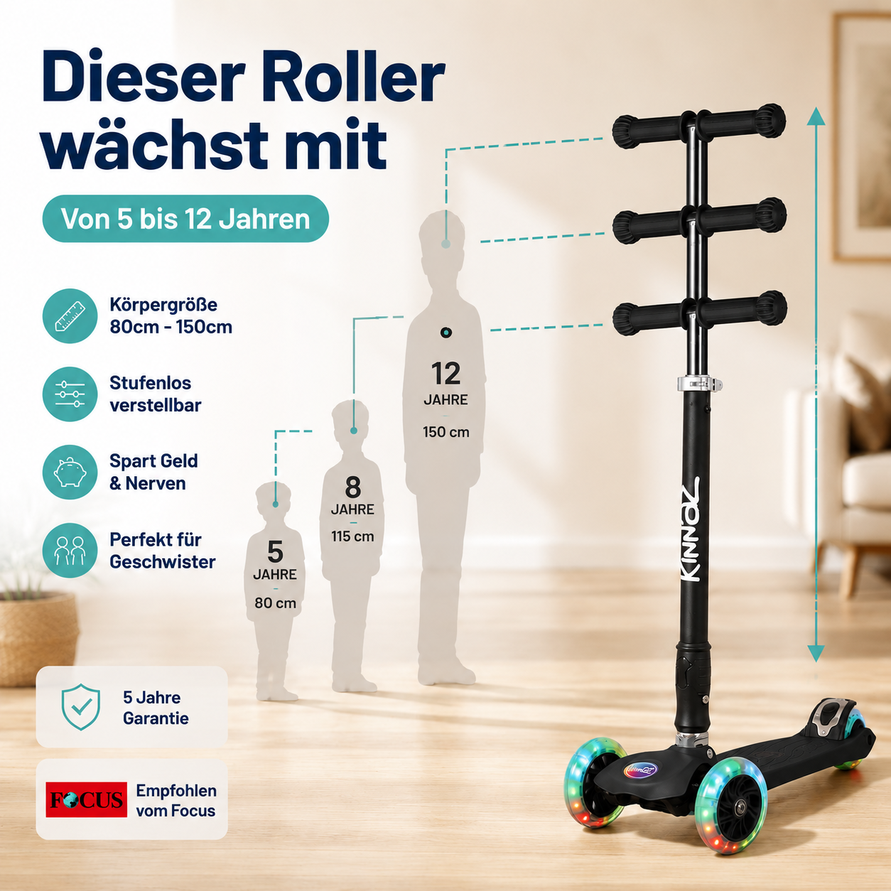 kinnaz Two, Schwarz, ab 5 - 12 Jahre, faltbar, einstellbar, LED Räder