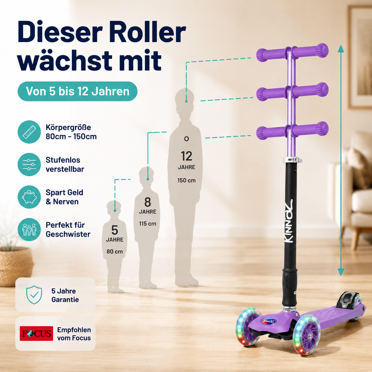 kinnaz Two, Lila, ab 5 - 12 Jahre, faltbar, einstellbar, LED Räder