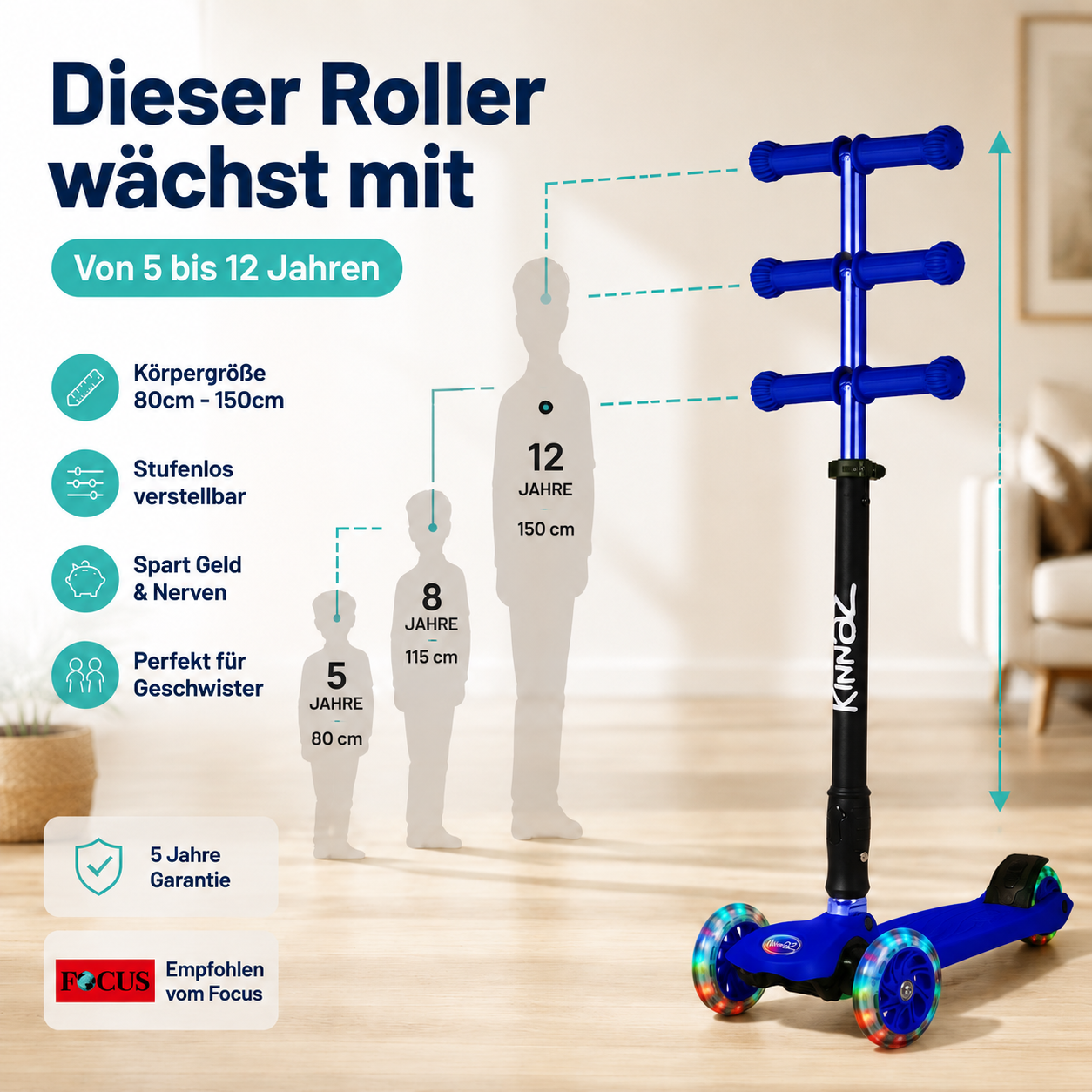 kinnaz Two, Dunkelblau, ab 5 - 12 Jahre, faltbar, einstellbar, LED Räder