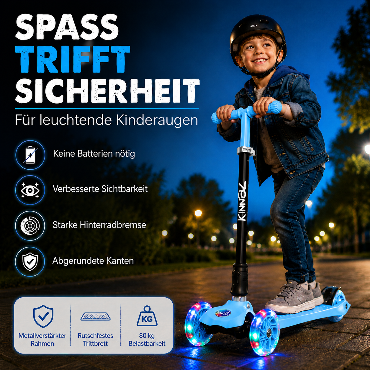 kinnaz Two, Light Blue, ab 5 - 12 Jahre, faltbar, einstellbar, LED Räder