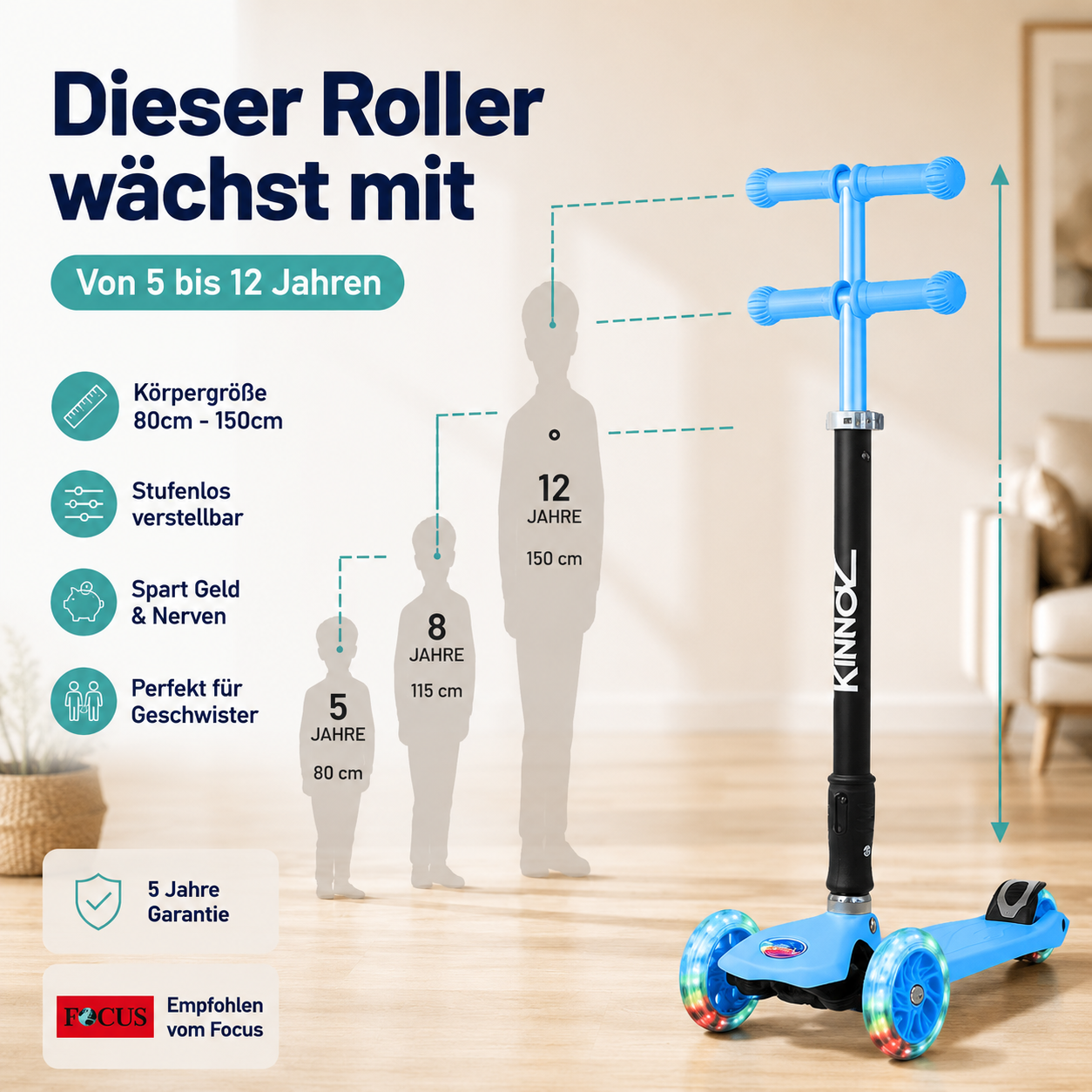 kinnaz Two, Light Blue, ab 5 - 12 Jahre, faltbar, einstellbar, LED Räder