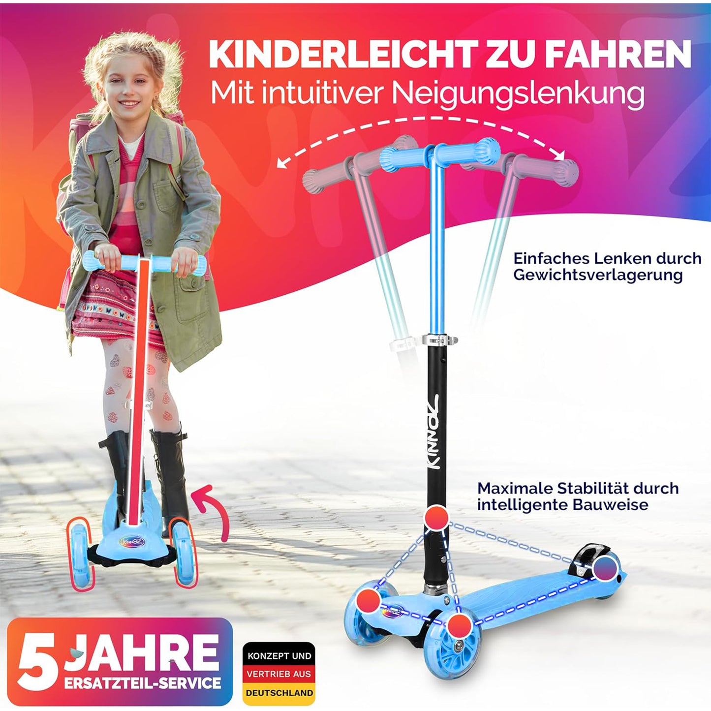 kinnaz Two, Light Blue, ab 5 - 12 Jahre, faltbar, einstellbar, LED Räder