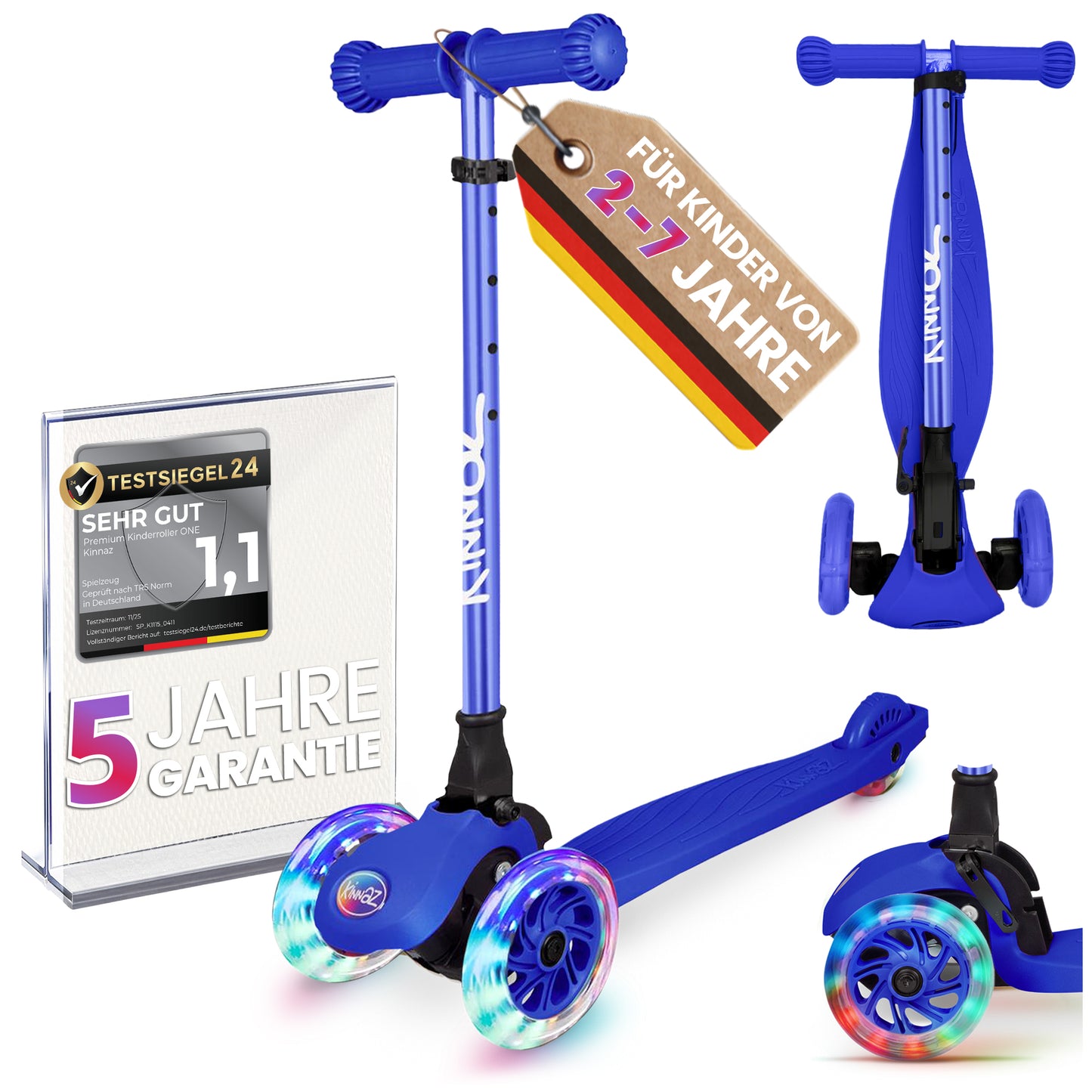 kinnaz ONE, 2 - 6 Jahre, Dunkelblau mit schwarzen Applikationen, LED Räder